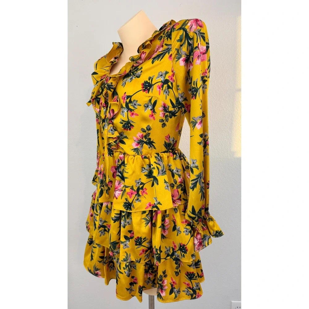 Avec Les Filles Mustard Floral Ruffle Tiered Mini Dress Cottagecore Coquette 6 - Picture 6 of 9